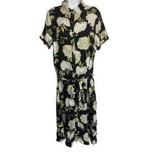 Cloth & Portrait Shirt Dress With Tie Belt Womens Large 100% Rayon Black Floral